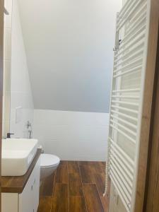 La salle de bains est pourvue d'un lavabo blanc et de toilettes. dans l'établissement Jenys Apartment Usti 2, à Ústí nad Labem