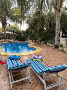 2 tumbonas y una piscina en un complejo en Casa Chalet Venta Ruizo, en Lorca
