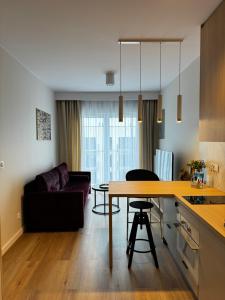eine Küche und ein Wohnzimmer mit einem Tisch und einem Sofa in der Unterkunft Boho Apartments in Łódź