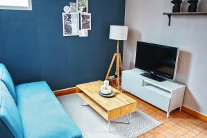 ein Wohnzimmer mit einem Sofa und einem TV in der Unterkunft LE WOODY - 10min à pied de la Gare in Laval