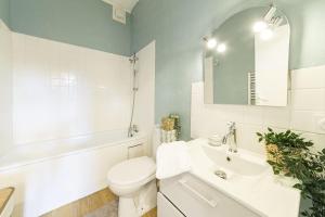 La salle de bains est pourvue de toilettes, d'un lavabo et d'un miroir. dans l'établissement Le Béatrix - Studio vue sur la Mayenne, à Laval