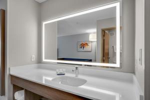a bathroom with a sink and a large mirror at Holiday Inn Express Hotel & Suites Portland - Jantzen Beach, an IHG Hotel in Portland