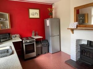 a kitchen with a refrigerator and a stove at Quirky Cottage with Private Garden Nr New Quay Cardigan Bay in Llandysul