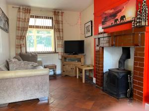a living room with a brick fireplace and a tv at Quirky Cottage with Private Garden Nr New Quay Cardigan Bay in Llandysul
