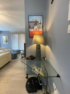 a living room with a glass table and a lamp at Appartement très proche centre LYON, 4 personnes in Caluire-et-Cuire