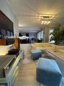 a living room with a couch and a tv at Appartement très proche centre LYON, 4 personnes in Caluire-et-Cuire