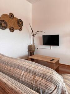 Cozy studio apartment 2 في كاليثيا رودس: غرفة معيشة مع سرير وتلفزيون