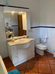 a bathroom with a sink and a toilet and a mirror at CASA EL RÍO in Trevélez +9 photos