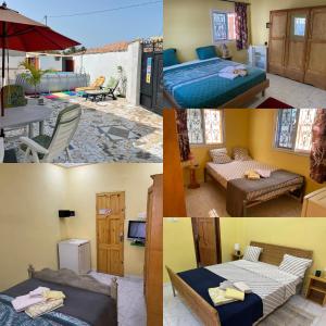 a collage of four pictures of a bedroom at The Compound in Bijilo