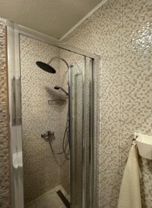 a shower with a glass door in a bathroom at Constantin Panzió in Praid
