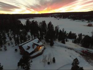 una baita nella neve con un fuoco acceso di Trophy Room Retreat - Large Lodge Sleeps Up To 15 a Duck Creek Village