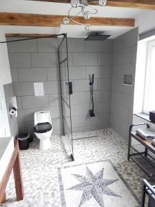 uma casa de banho com WC e chuveiro com estrelas no chão em VINTAGE HOUSE Ferienwohnung LANDHAUS LAAVE 