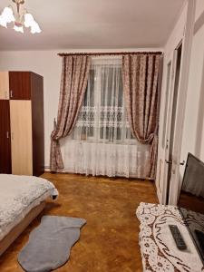 een slaapkamer met een bed en een raam bij Parc Apart Vatra Dornei in Vatra Dornei