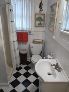 a bathroom with a white toilet and a sink at Charming Hideaway in Lafayette