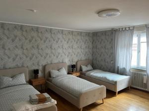 a bedroom with two beds and a couch at Albert-Schulte-Park Apartment- Worms in Worms +14 photos