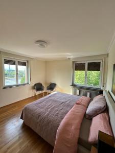 a bedroom with a bed with two chairs and two windows at Albert-Schulte-Park Apartment- Worms in Worms