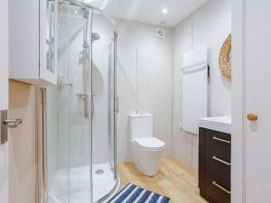 uma casa de banho branca com um chuveiro e um WC. em 1 Bed in Bonar Bridge 89058 em Culrain