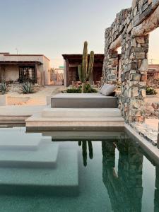 une piscine d'eau à côté d'une maison avec un cactus dans l'établissement Desierto Azul, à Todos Santos