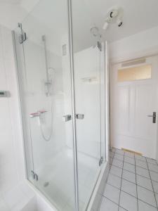 W łazience znajduje się prysznic ze szklanymi drzwiami. w obiekcie Ferienwohnung Stadtvilla - charmante Gemütlichkeit w mieście Bad Oldesloe