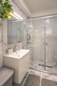 a bathroom with a shower with a sink and a glass shower stall at T20 Apartments in Skopje
