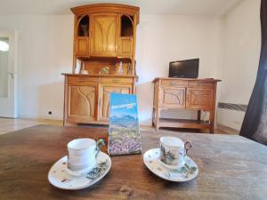 dos tazas de té en una mesa con un libro en Appartement Barcelonnette, 2 pièces, 4 personnes - FR-1-165A-25, en Barcelonnette