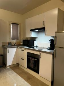 a kitchen with white cabinets and a black appliance at Appartement des Carmes in Nîmes