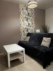 a living room with a black couch and a table at Appartement des Carmes in Nîmes