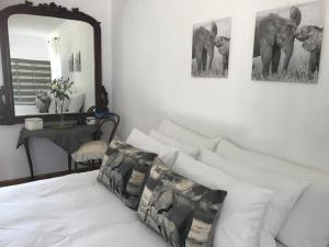 a bedroom with a bed with white pillows and a mirror at Kromrivier Farm Stays and Addo B & B in Paterson