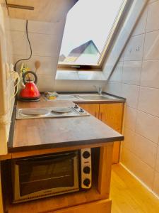 uma pequena cozinha com um micro-ondas e uma janela em Penthouse em Braunschweig