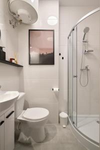 a white bathroom with a toilet and a shower at BLIŻEJ GÓR Jedlina-Zdrój. Apartament na 5 in Jedlina-Zdrój