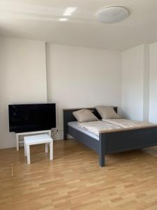 a bedroom with a bed and a tv and a table at Ferienwohnung für kleine und große Reisegruppe in Dresden