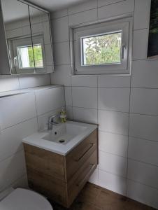 bagno con lavandino, specchio e servizi igienici di Am Schwielochsee1 a Schwielochsee