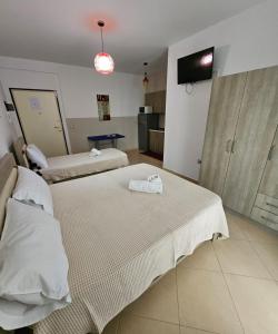 a hotel room with two beds and a tv at Vacanze Pushime Albania in Radhimë