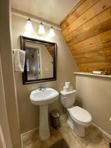 uma casa de banho com um lavatório, um WC e um espelho. em Skyline Chalet em Forest Lakes Estates