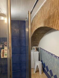 baño con paredes de azulejos azules y ducha. en LA CASETTA DI REBY, en Albano Laziale