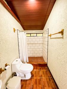 a bathroom with a toilet and a shower at Paraíso en Atitlán in Panaranjo