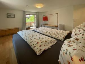 1 dormitorio con 2 camas y ventana en Holiday apartment lucky guy en Oberstaufen