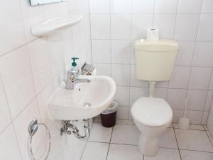 ein weißes Bad mit einem WC und einem Waschbecken in der Unterkunft Doppelhaushälfte in Hasselfelde in Hasselfelde