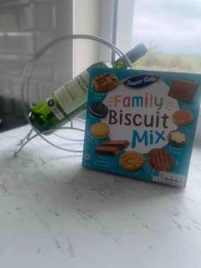 a box of family biscuit mix sitting on a counter at Hannahs Cottage 
