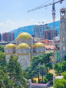 a building with gold domes in front of a city at Central Apartments Skopje in Skopje