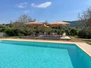 uma piscina com dois guarda-sóis e duas cadeiras em Antinea Olympian Villa em Archea Pissa
