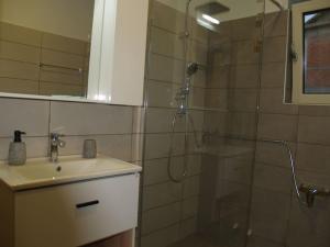 uma casa de banho com um chuveiro e um lavatório. em Casa Cimara em Cefalônia
