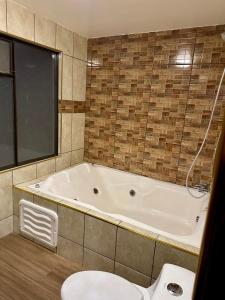 拉巴斯的住宿－Hotel Esmeralda，带浴缸和卫生间的浴室。