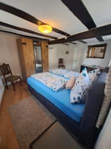 ein Schlafzimmer mit einem blauen Bett und einem Sofa in der Unterkunft Rheinglück in Kamp-Bornhofen