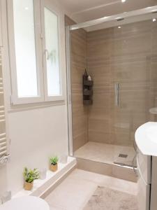 een badkamer met een douche, een toilet en een wastafel bij Un parfait chez soi à Puteaux in Puteaux