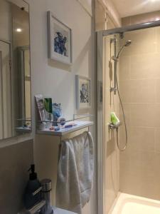 La salle de bains est pourvue d'une douche et d'une serviette blanche. dans l'établissement Boutique top floor apartment central Windsor, à Windsor