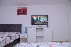 a bedroom with a bed and a tv on the wall at Kuća Cvetković in Pirot