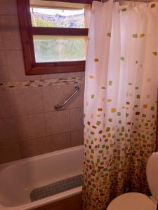 baño con cortina de ducha y bañera en Alewekehue , la grande en San Carlos de Bariloche