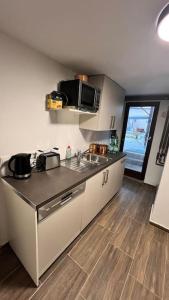 a kitchen with a sink and a microwave at Das Rosenhaus in Hargesheim in Hargesheim