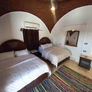 a hotel room with two beds and a mirror at Villa Giulio - Guest House in Luxor
